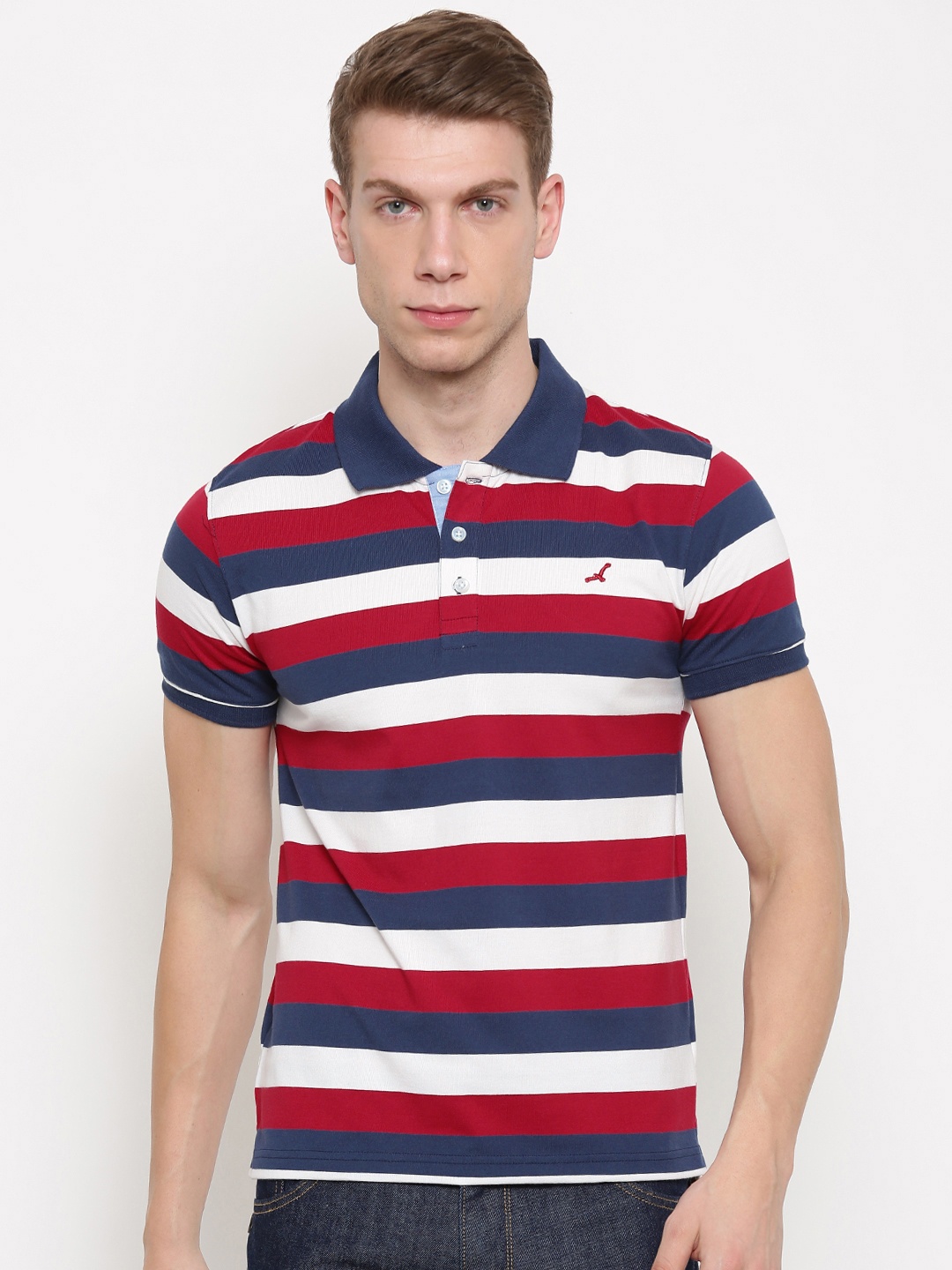 

American Crew Men White Navy Striped Polo Collar Pure Cotton T-shirt