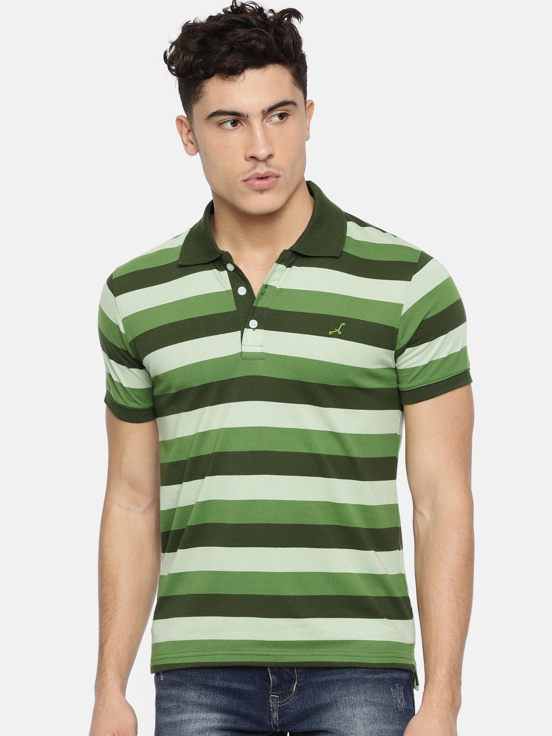 

American Crew Men Green Striped Polo Collar T-shirt