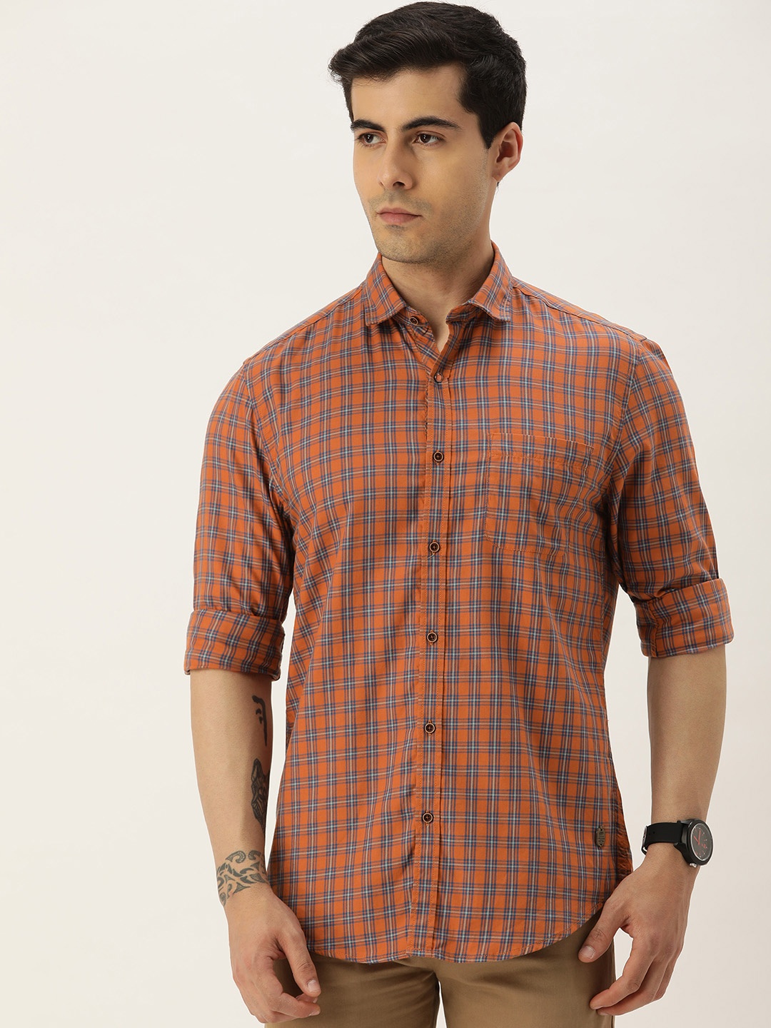 

Peter England Casuals Super Slim Fit Checked Pure Cotton Casual Shirt, Rust