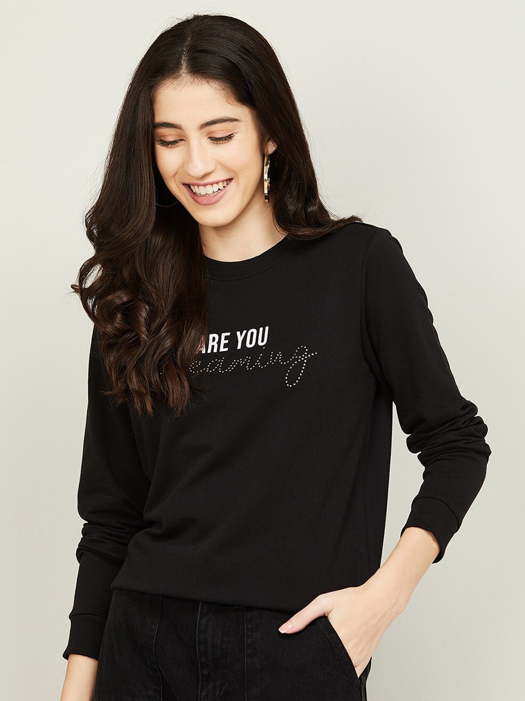 

Ginger by Lifestyle Women Black Printed Pure Cotton Sweatshirt