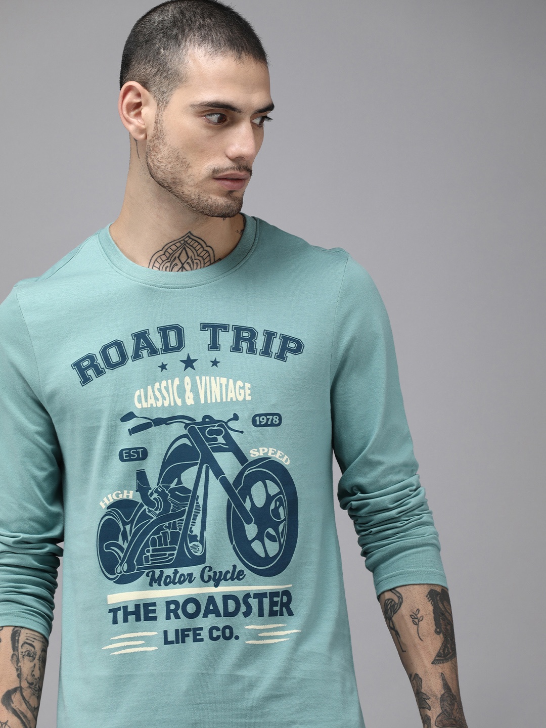 

Roadster Men Blue Biker Printed Cotton T-shirt