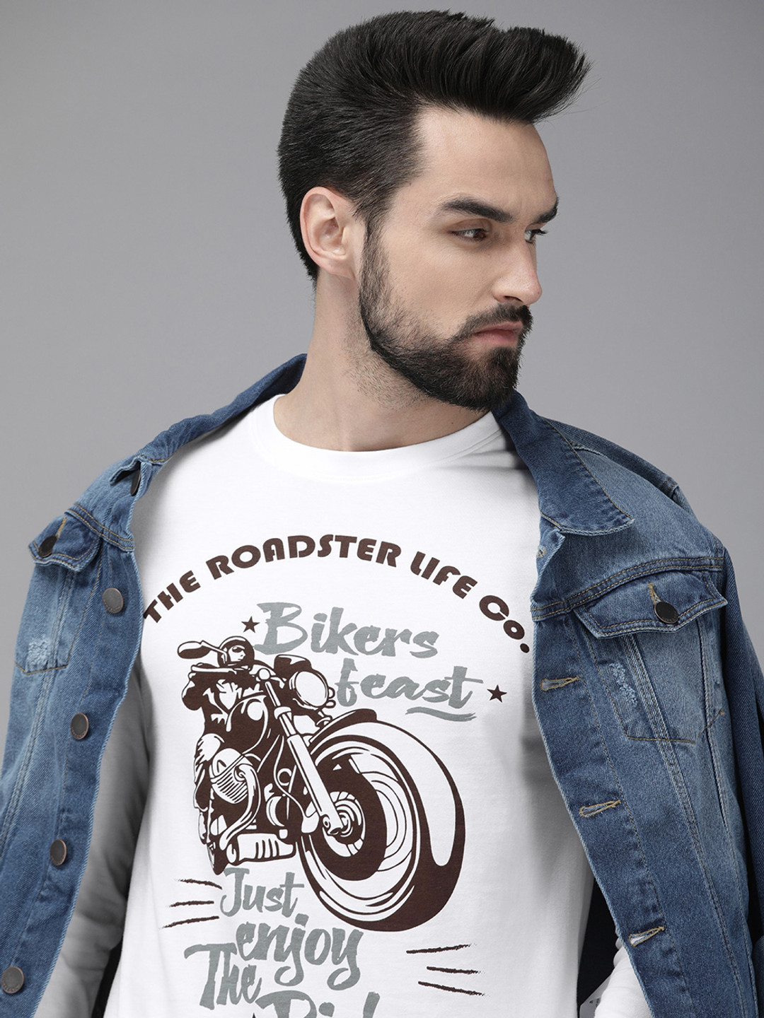

Roadster Men White & Brown Biker Printed T-shirt