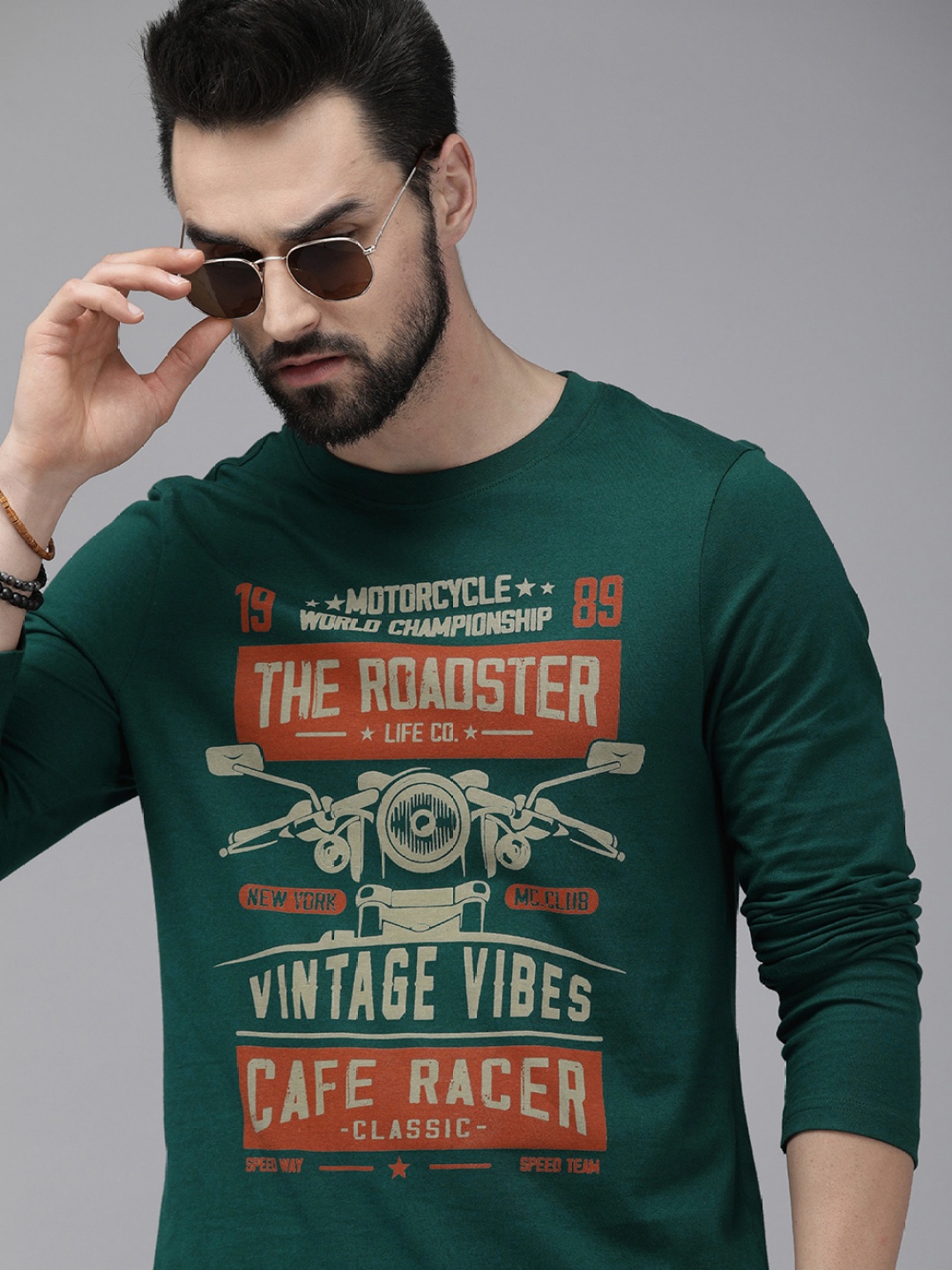 

Roadster Men Green & Beige Biker Printed T-shirt
