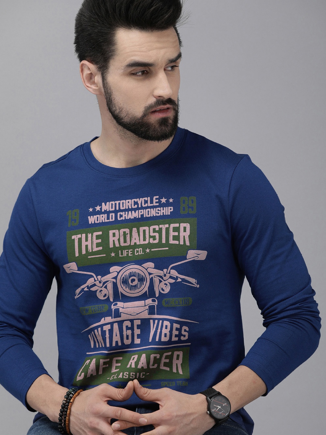 

Roadster Men Blue & Beige Biker Printed T-shirt