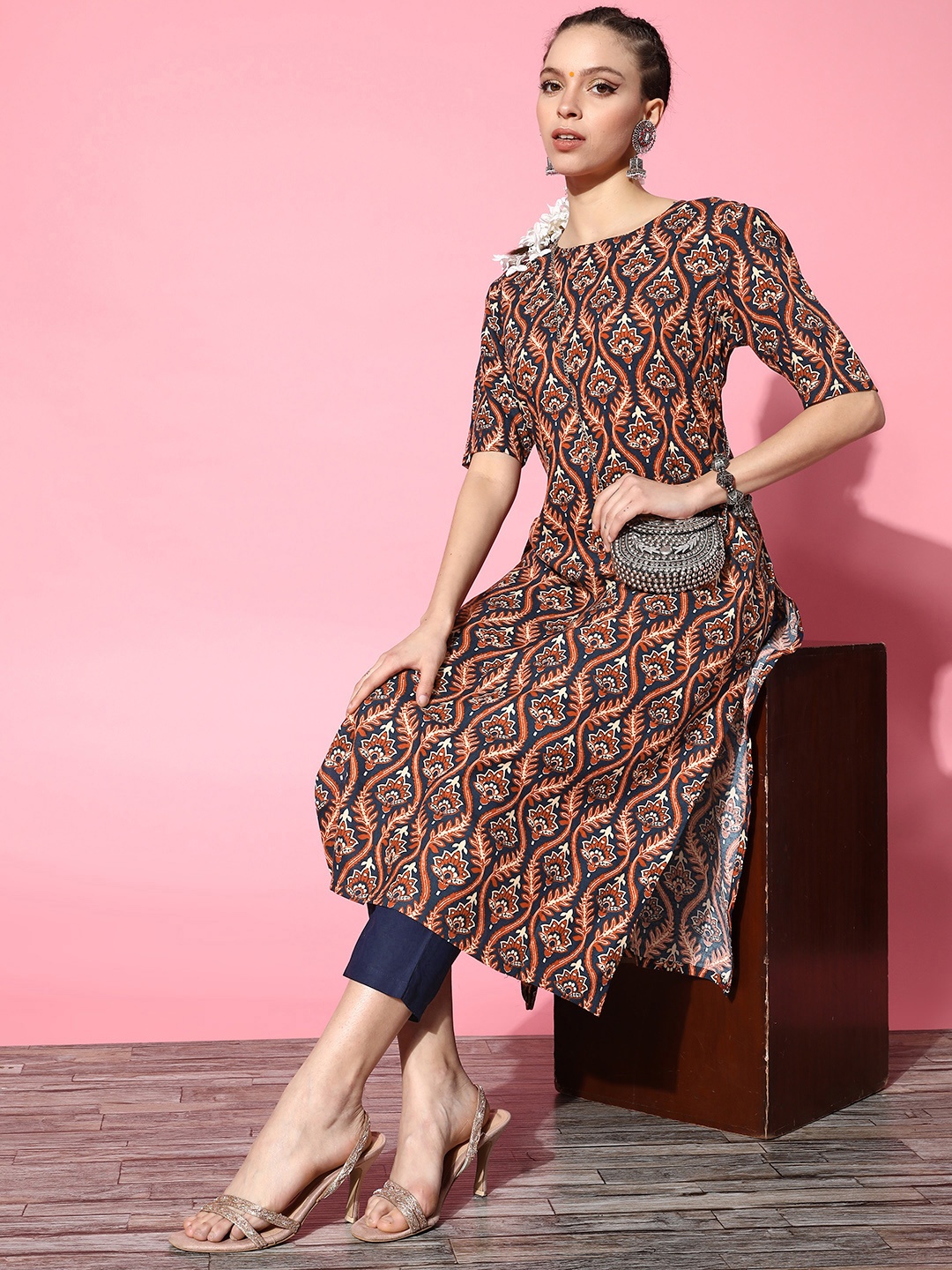 

HERE&NOW Navy Blue Ethnic Motifs Print Parade Kurta with Trousers
