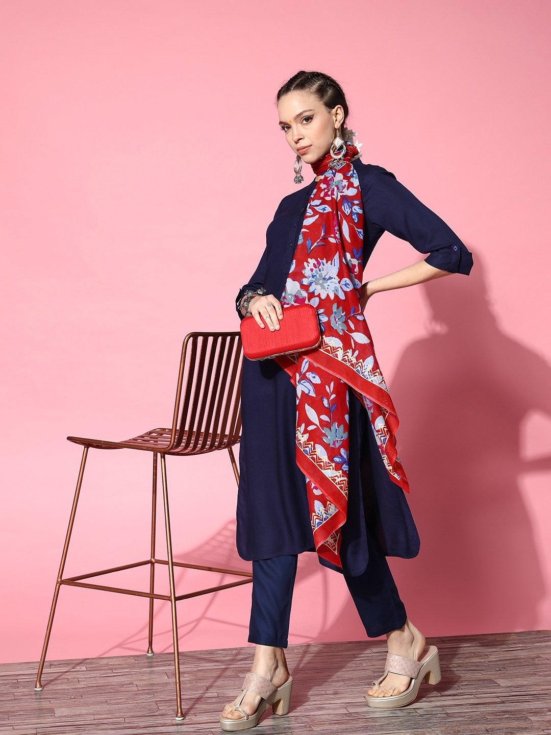 

HERE&NOW Navy Blue Round Neck Print Parade Kurta with Trousers & Dupatta
