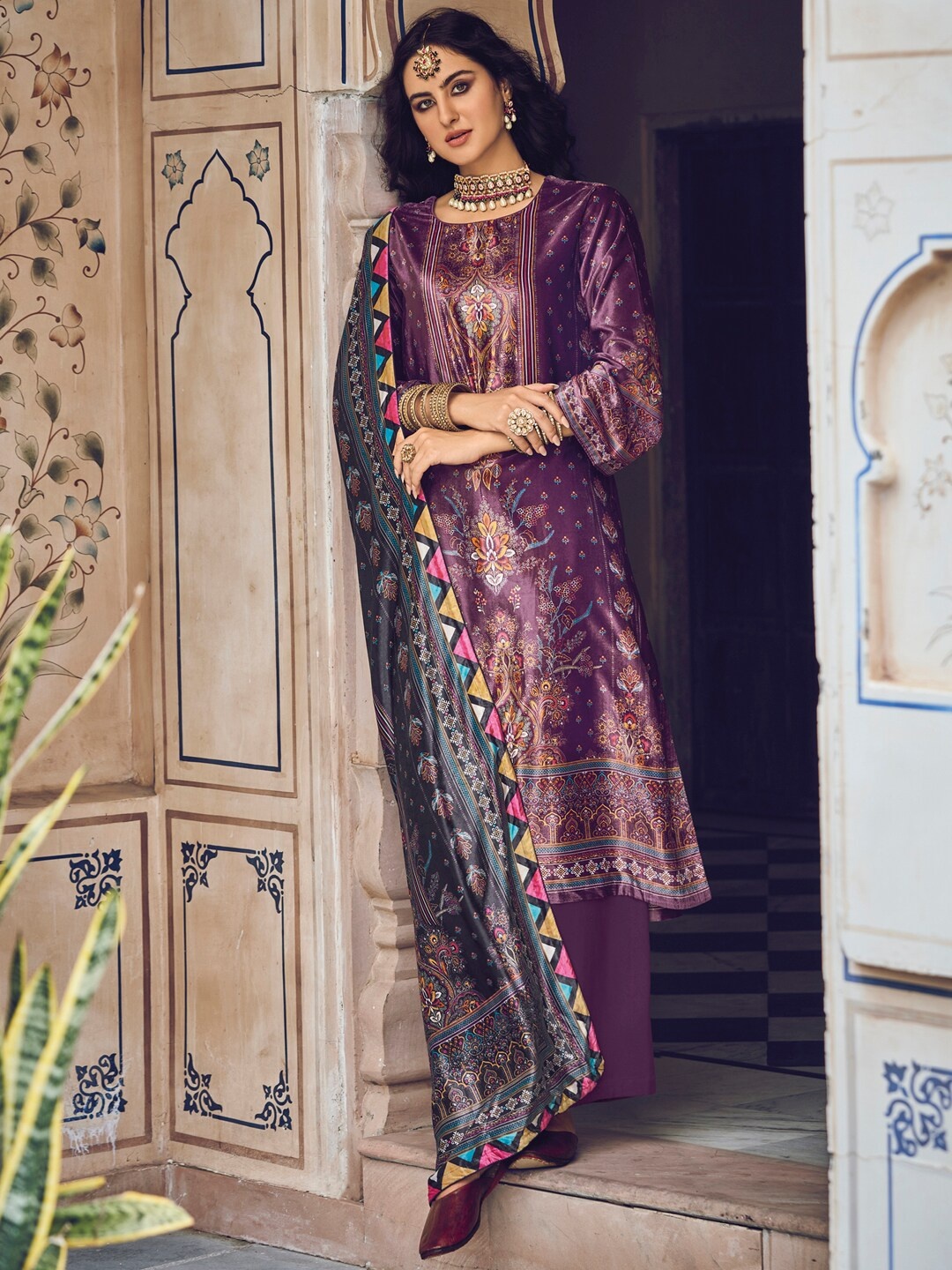 

Stylee LIFESTYLE Purple & Grey Printed Velvet Unstitched Dress Material