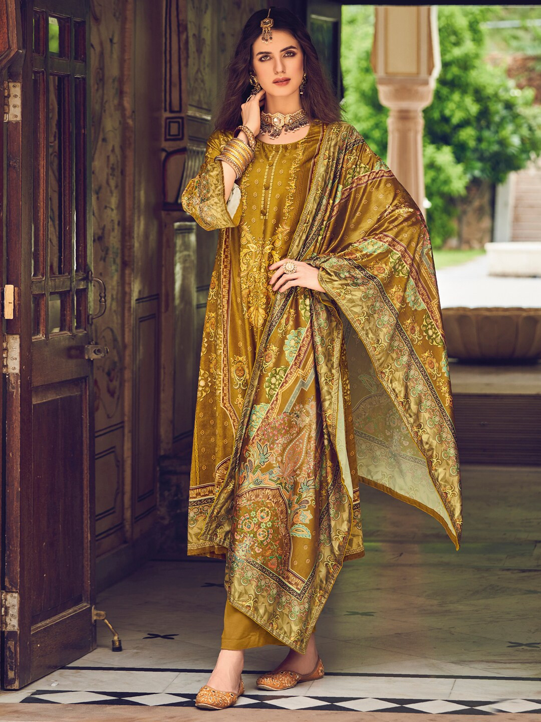 

Stylee LIFESTYLE Women Mustard & Green Printed Velvet Unstitched Dress Material
