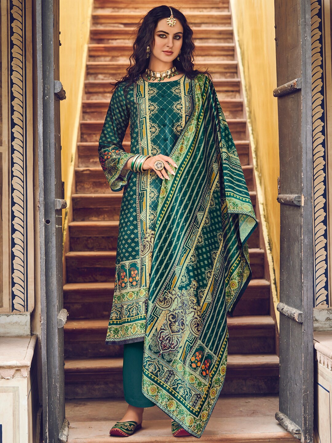 

Stylee LIFESTYLE Green & Mustard Printed Velvet Unstitched Dress Material