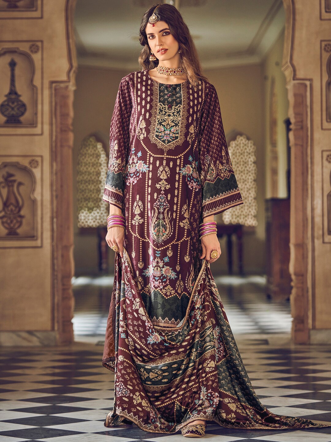 

Stylee LIFESTYLE Maroon & Beige Printed Velvet Unstitched Dress Material