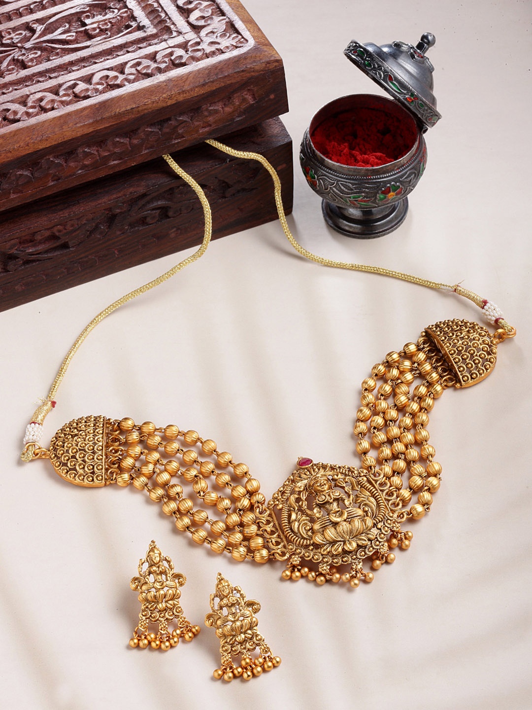 

PANASH Gold-Plated Gold Stone-Studded & Beaded Jewellery Set