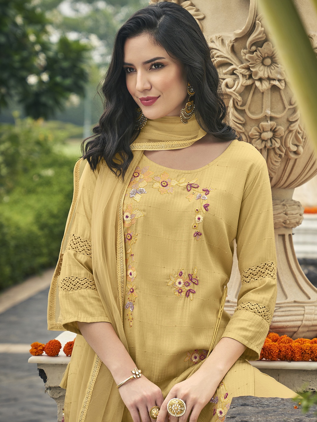 

AUTUMN LANE Women Floral Embroidered Pure Cotton Kurta with Trouser & Dupatta Set, Yellow