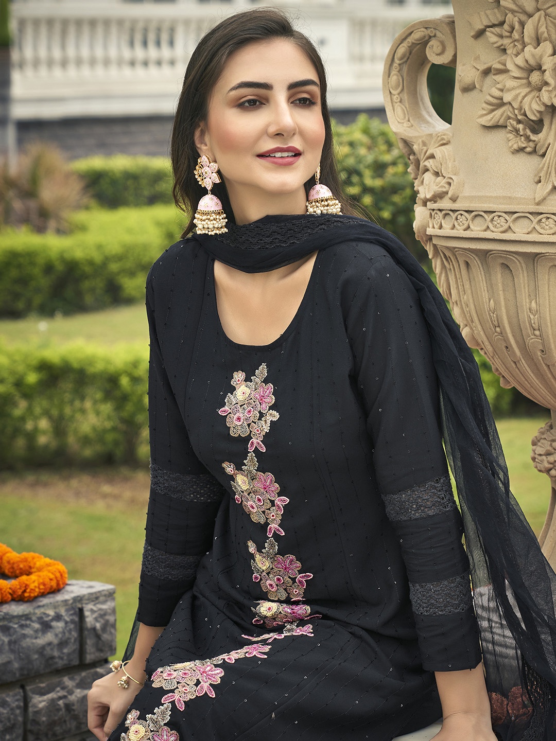 

AUTUMN LANE Women Black Embroidered Pure Cotton Kurta with Trousers & Dupatta