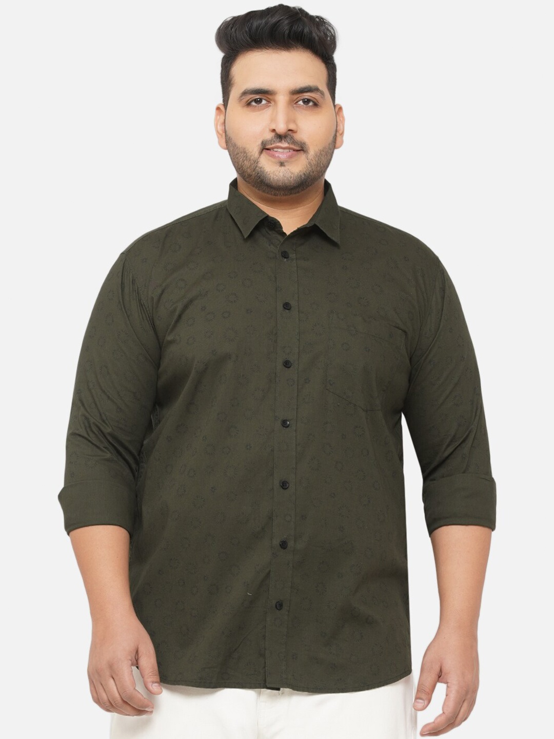 

John Pride Men Olive Green Plus Size Comfort Printed Casual Shirt
