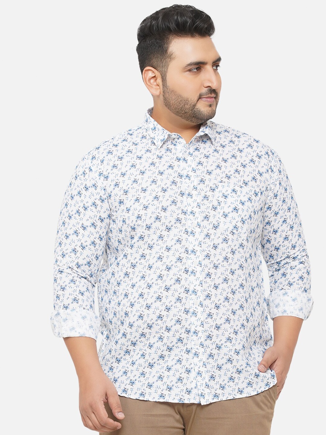 

John Pride Plus Size Men White Standard Floral Printed Casual Shirt