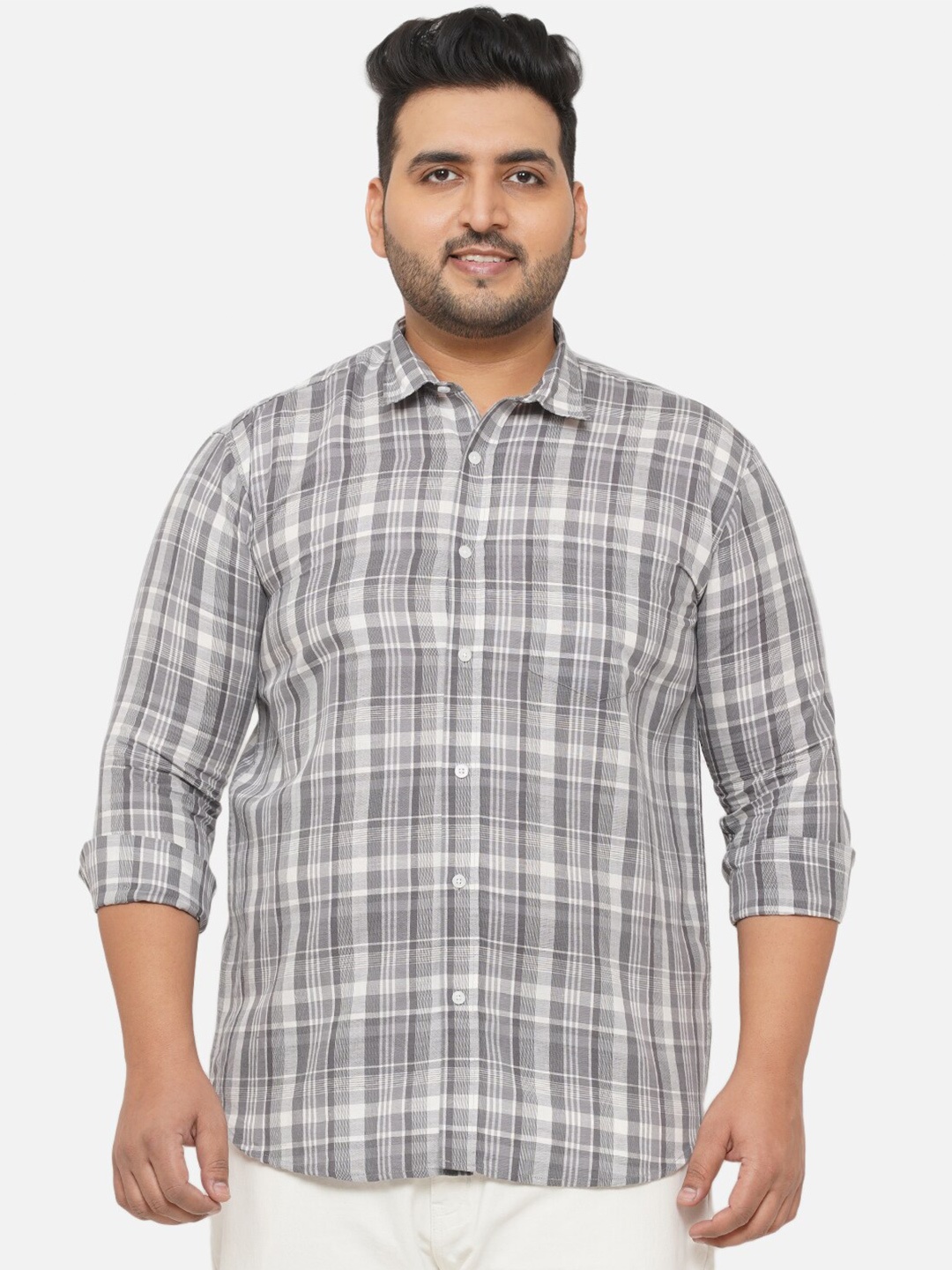 

John Pride Men Plus size Grey Standard Tartan Checks Checked Cotton Casual Shirt