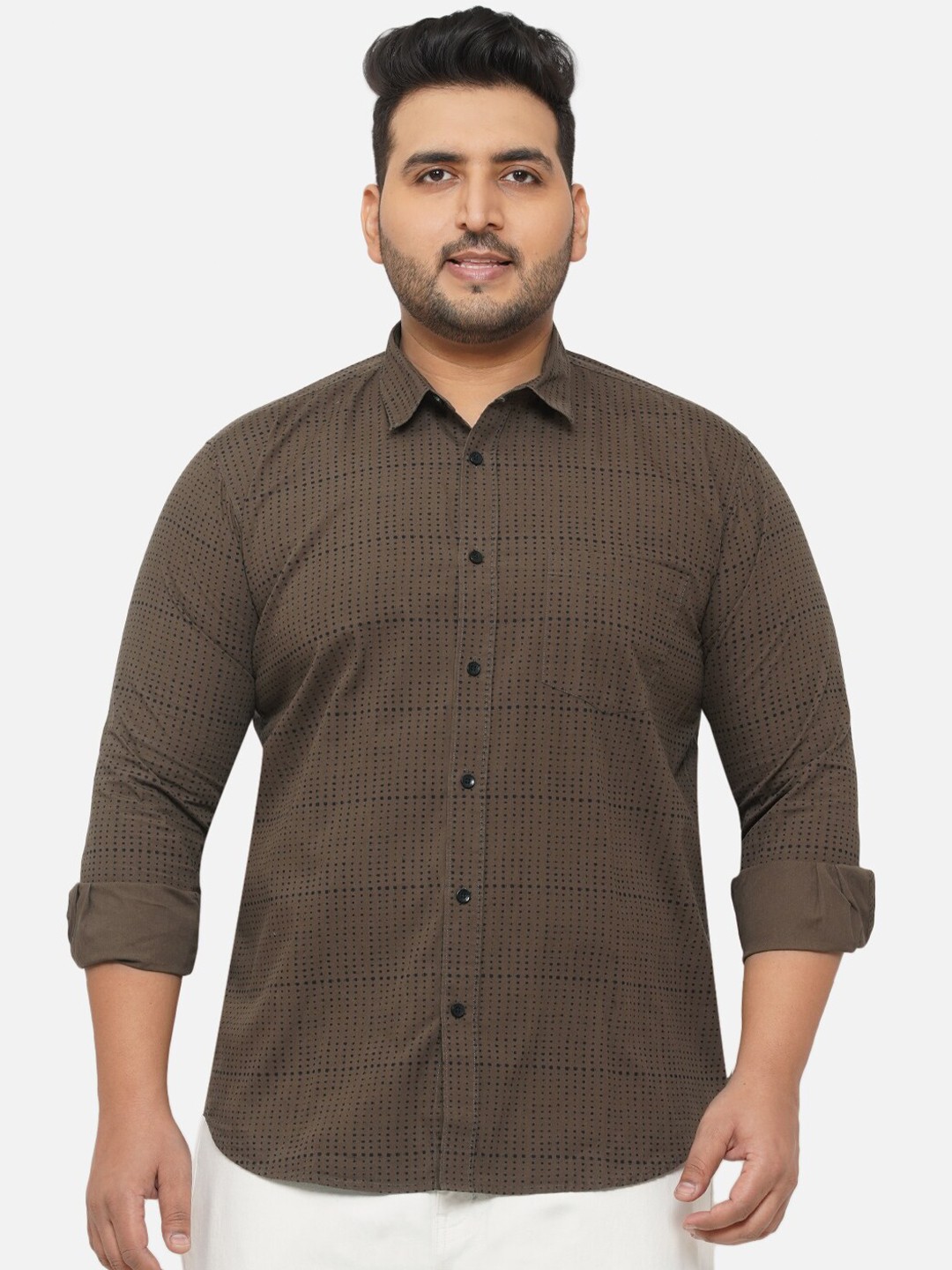 

John Pride Men Plus Size Brown Standard Regular Fit Printed Casual Shirt