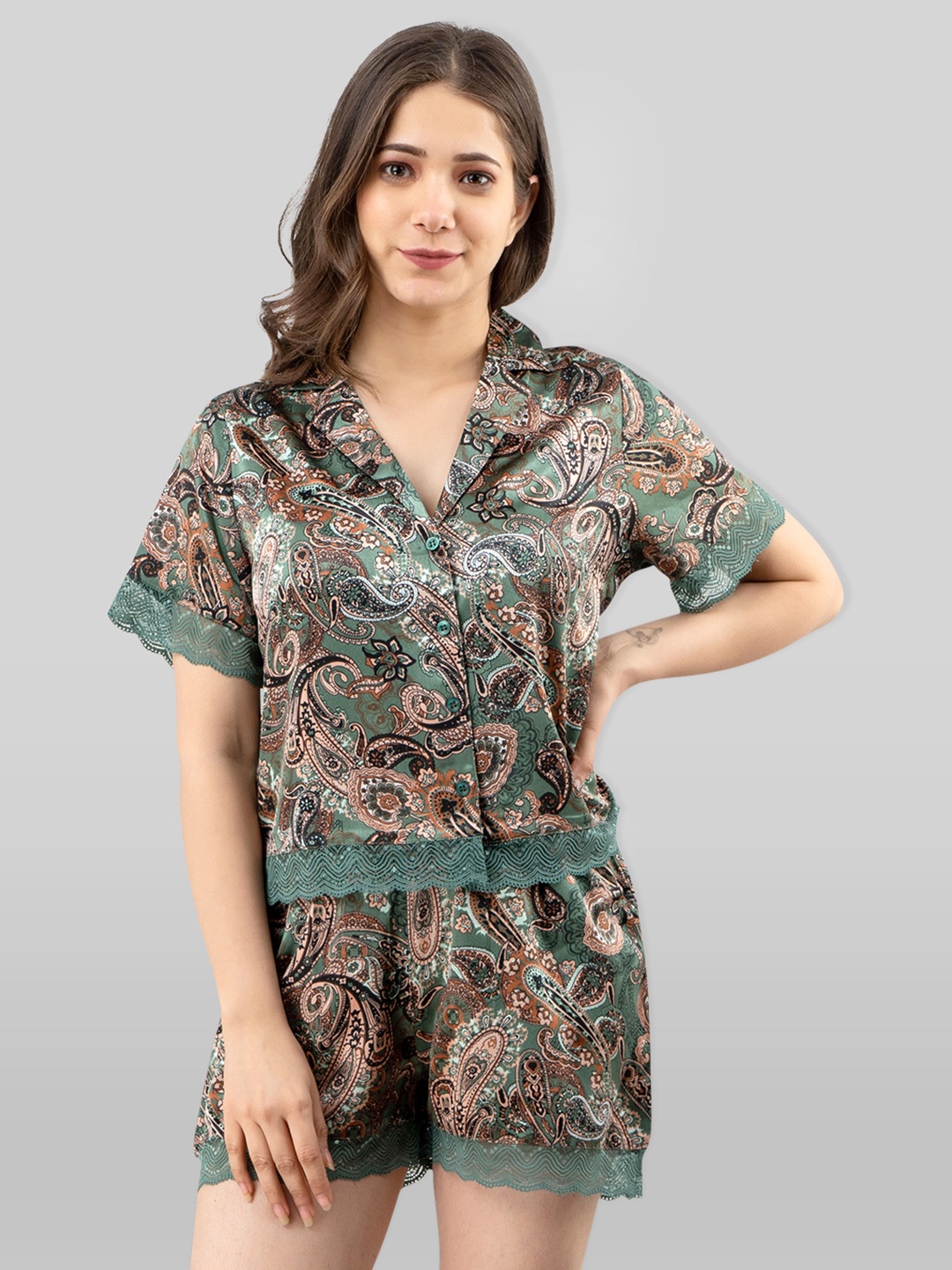 

PRETTY LOVING THING Women Olive Green & Brown Printed Satin Night suit