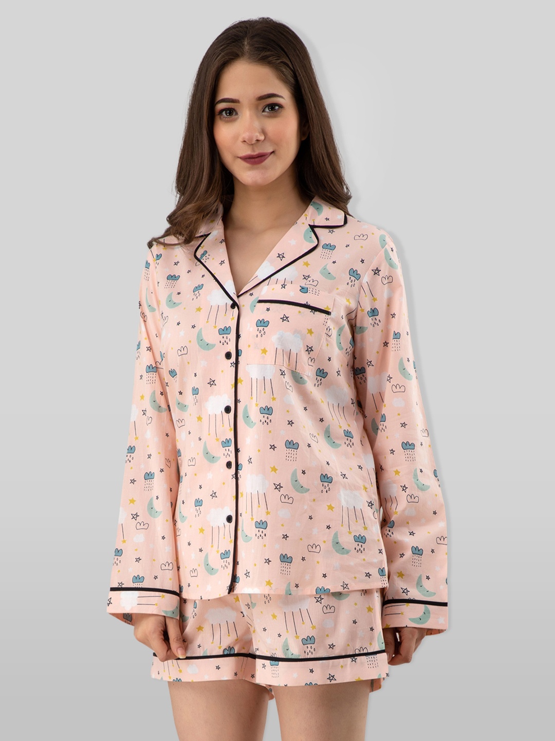 

PRETTY LOVING THING Women Pink And Blue Printed Lapel Collar Pure Cotton Night suit