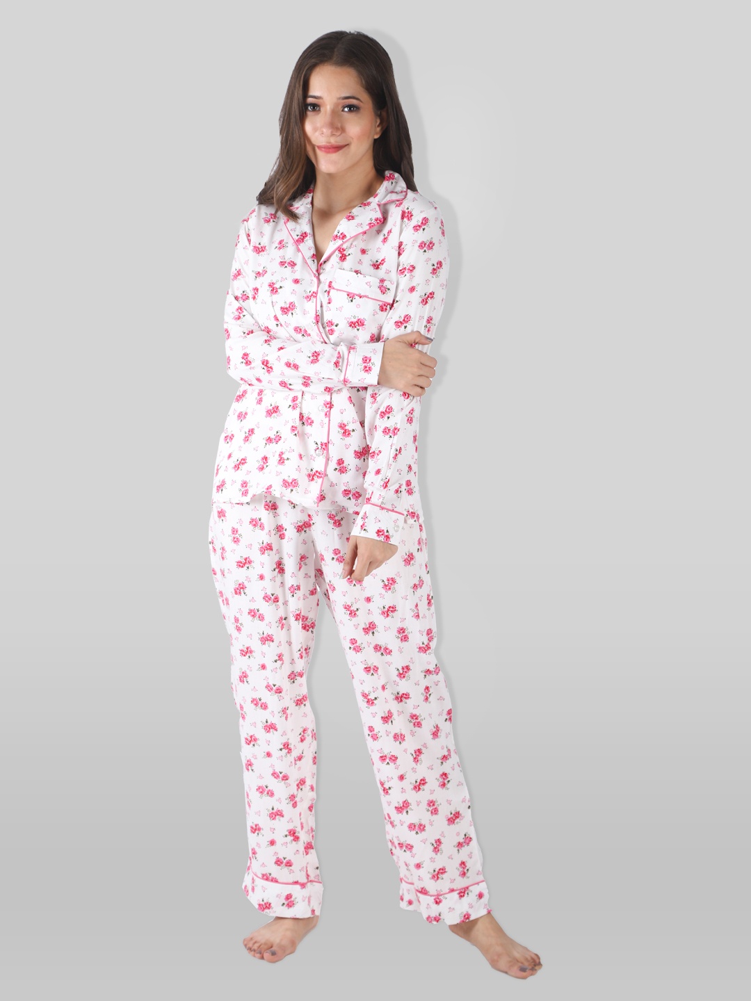 

PRETTY LOVING THING Women White & Pink Printed Night suit