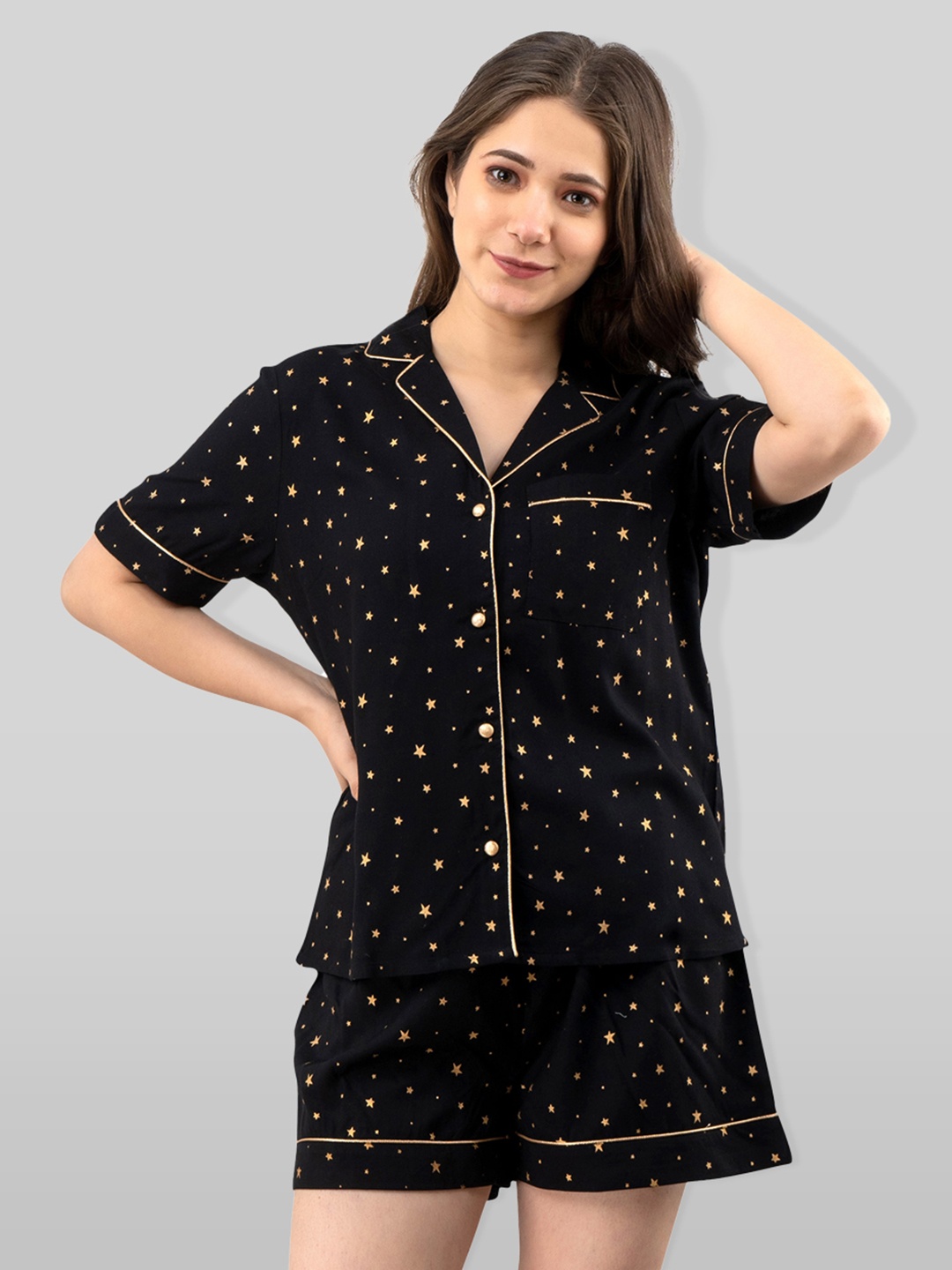 

PRETTY LOVING THING Women Black & Yellow Printed Night suit