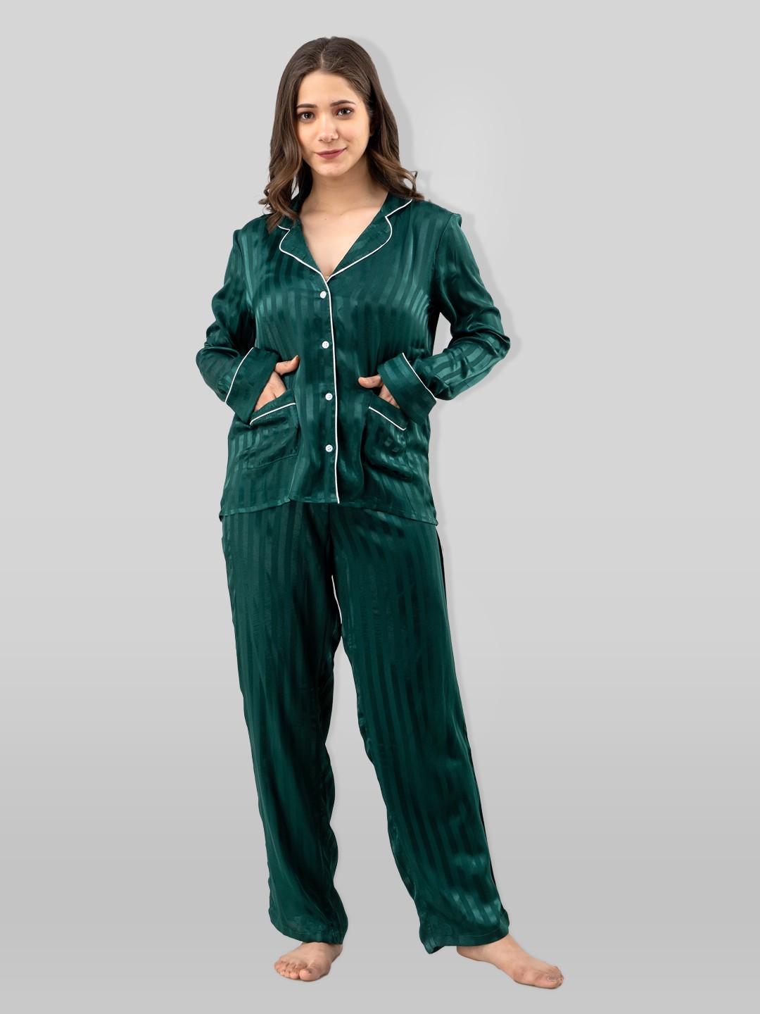 

PRETTY LOVING THING Women Green Striped Night suit