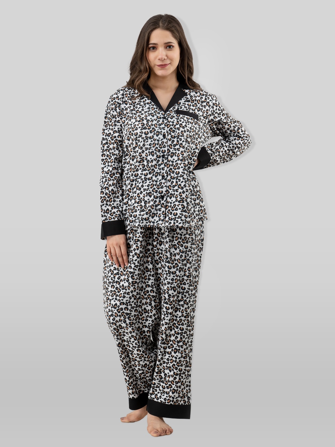

PRETTY LOVING THING Women White And Black Animal Printed Lapel Collar Night suit