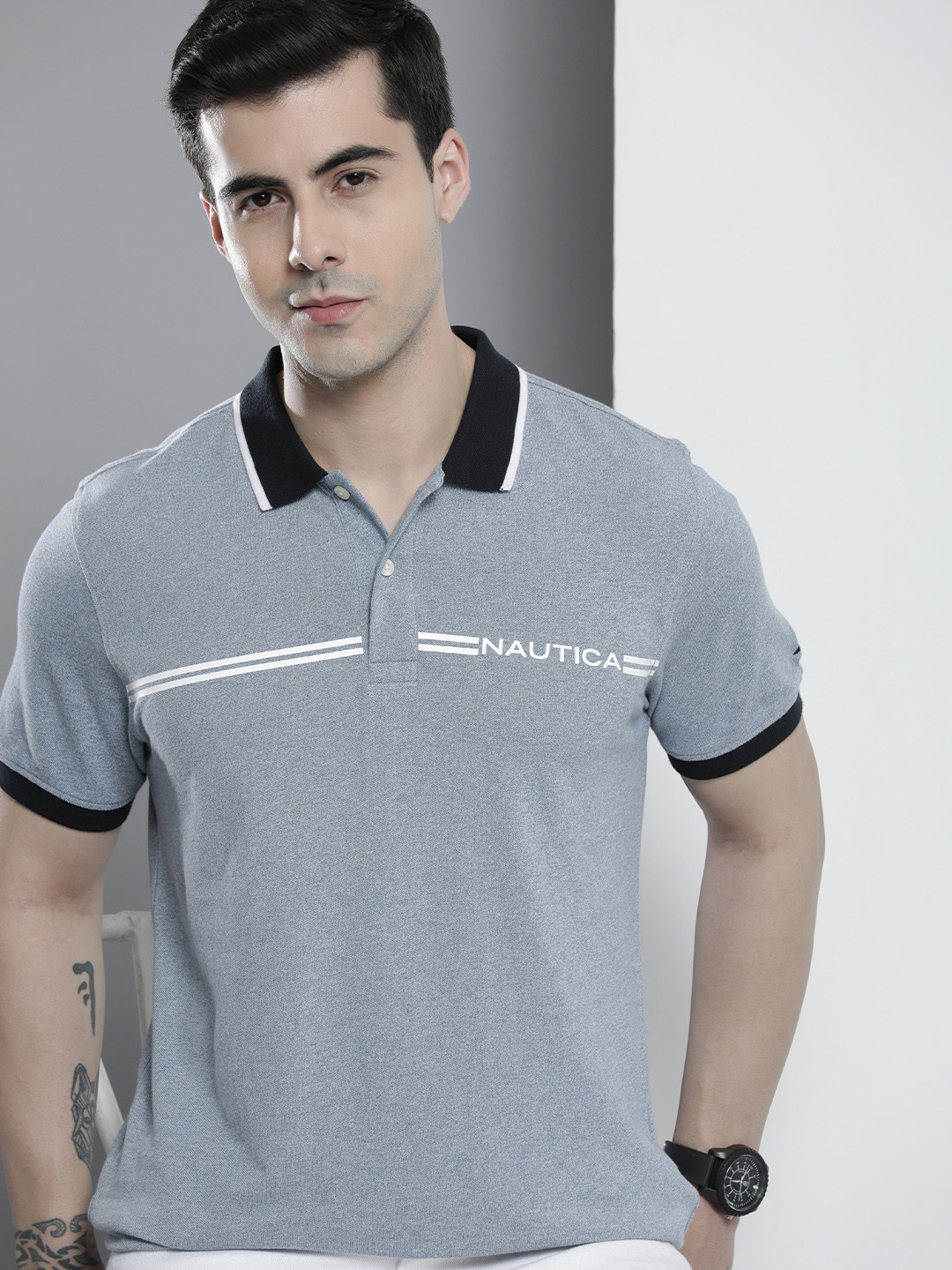 

Nautica Men Pure Cotton Typography Printed Polo Collar T-shirt, Blue