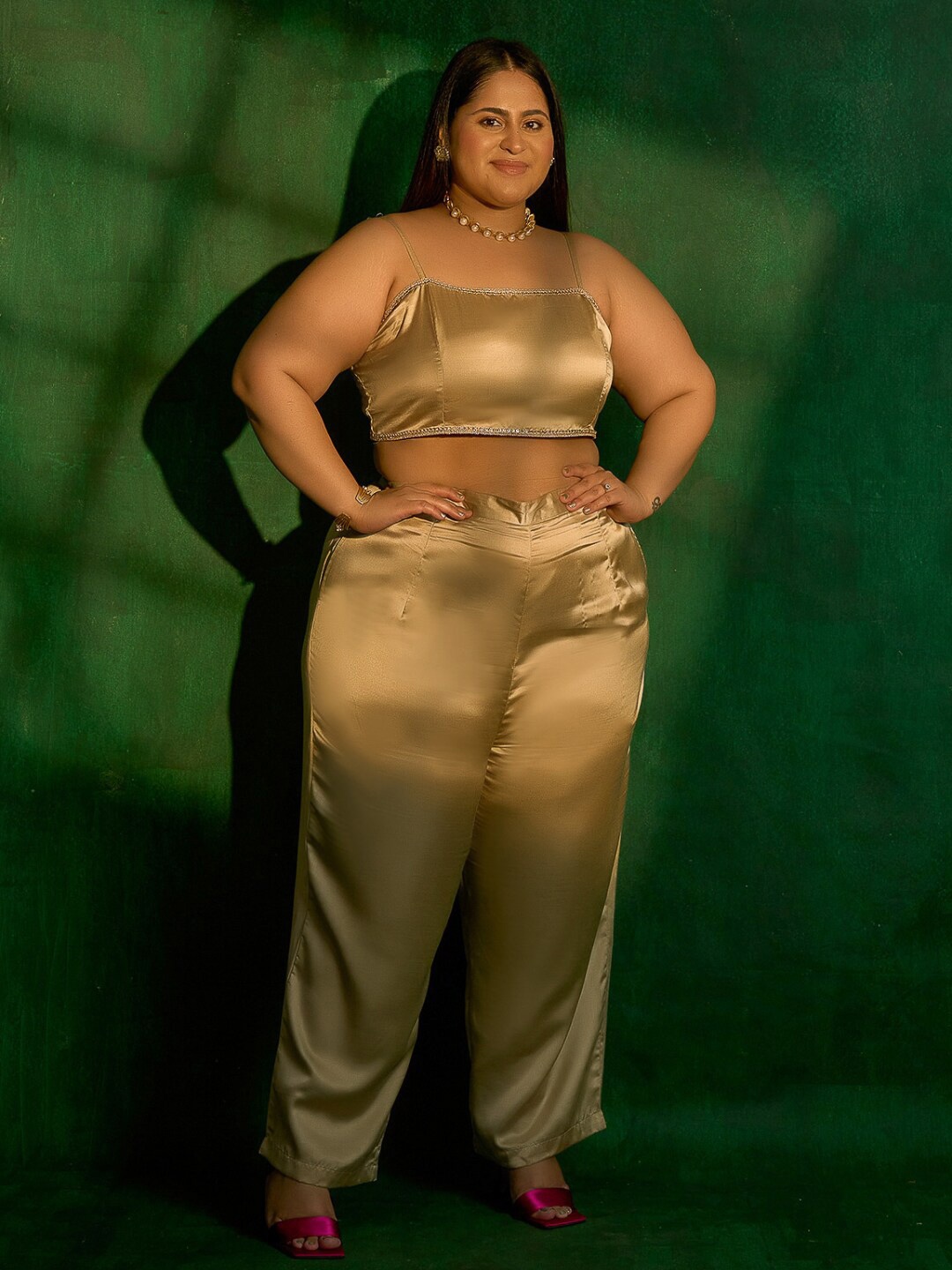 

Alaya By Stage3 Women Plus Size Gold-Toned Solid Satin Wide Leg Palazzos