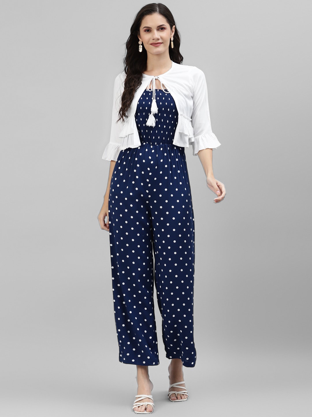 

DEEBACO Navy Blue & White Polka Dot Culotte Jumpsuit