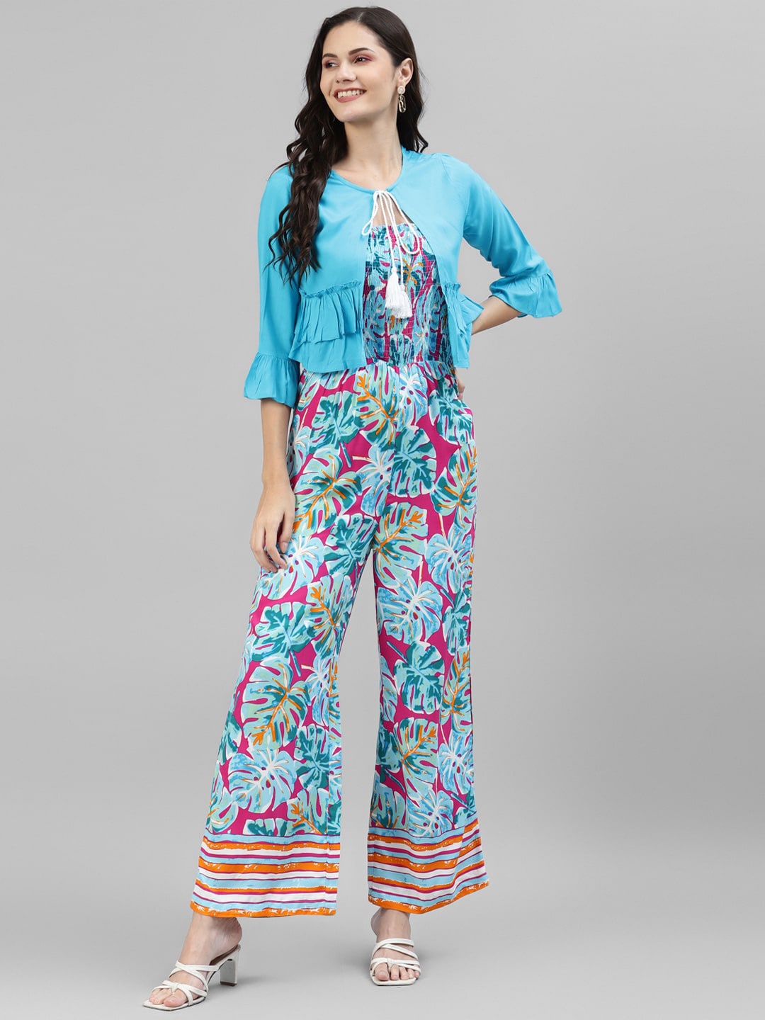 

DEEBACO Women Turquoise Blue & Pink Printed Basic Jumpsuit