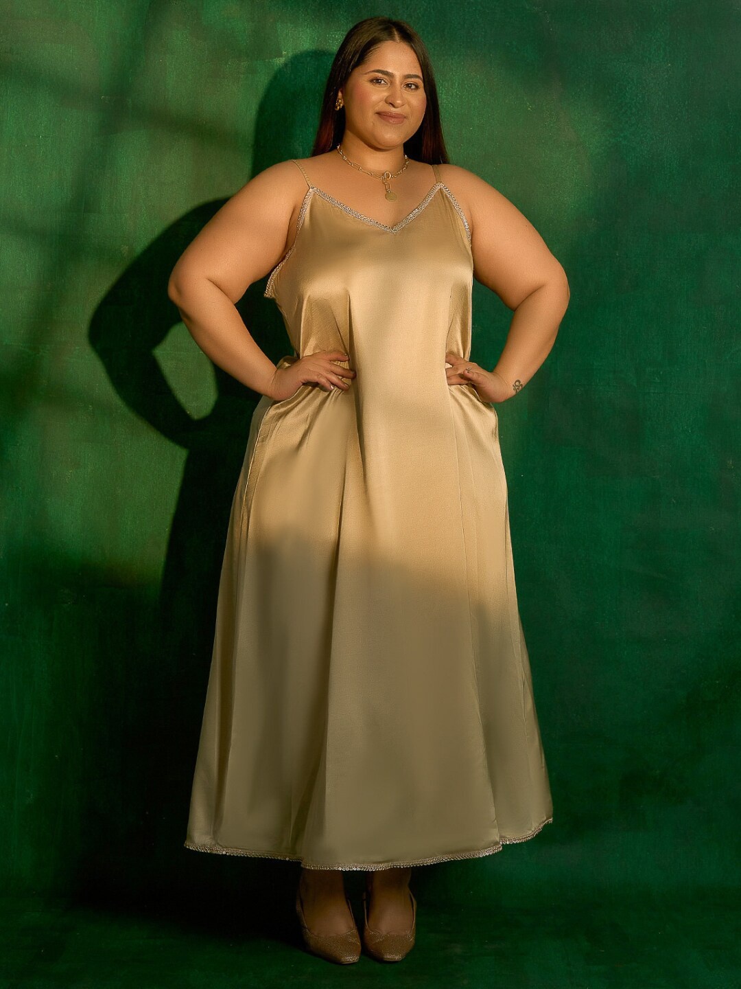 

Alaya By Stage3 Women Plus Size Gold-Toned Satin Maxi Dress