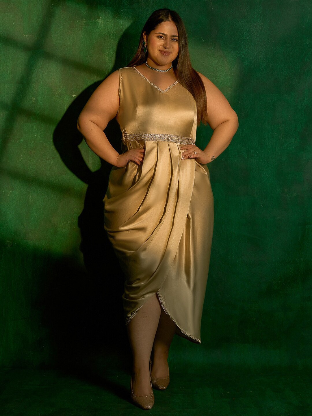 

Alaya By Stage3 Women Plus Size Gold-Toned Satin Maxi Midi Dress