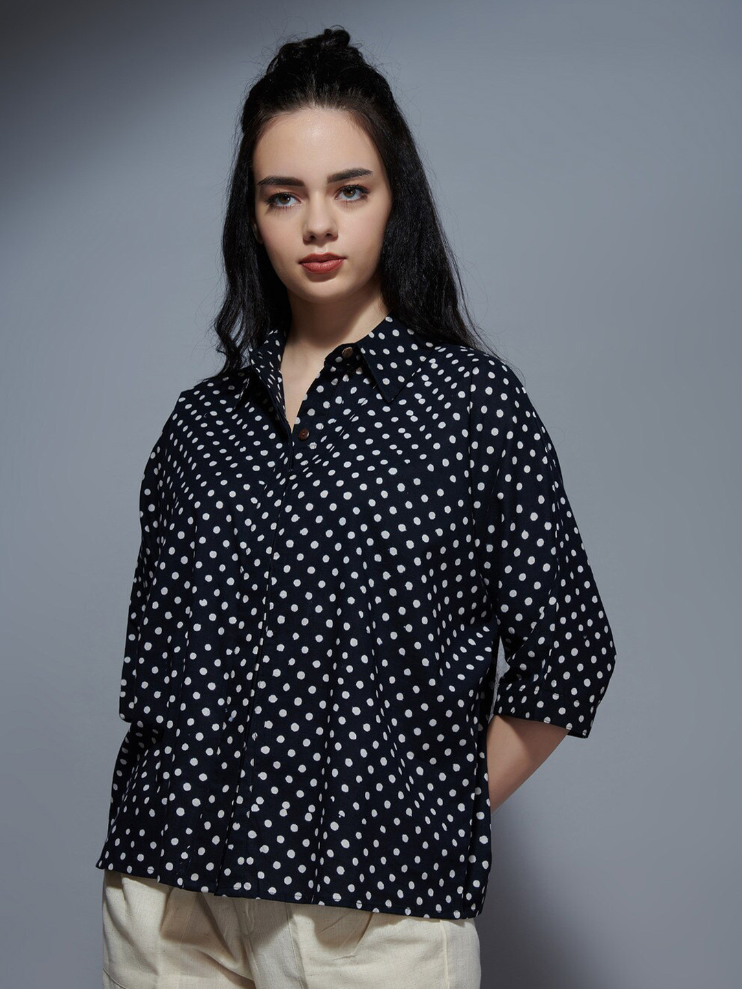 

the kaatn trail Black Polka Dot Print Shirt Style Cotton Top
