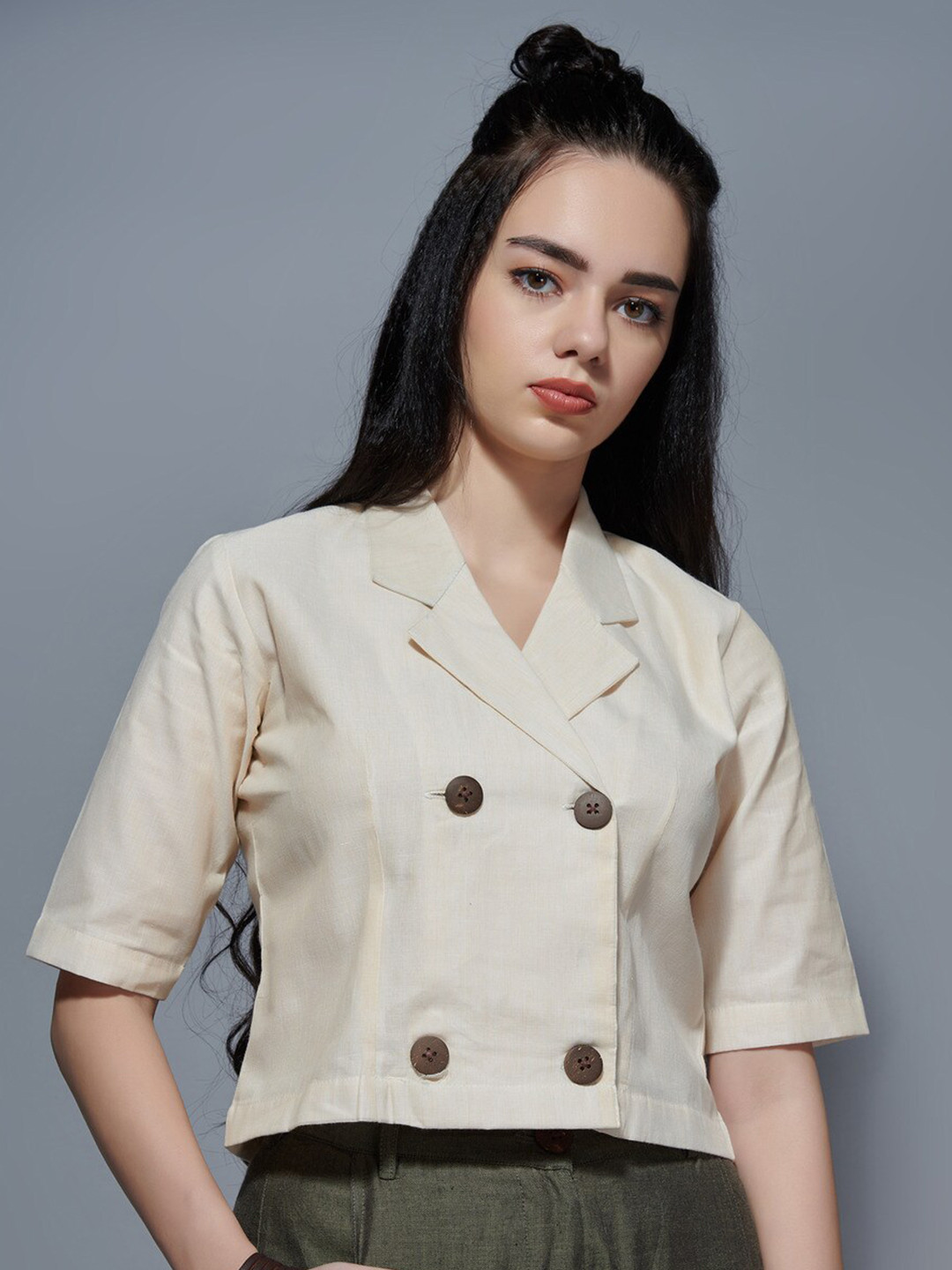 

the kaatn trail Beige Print Shirt Style Pure Cotton Top
