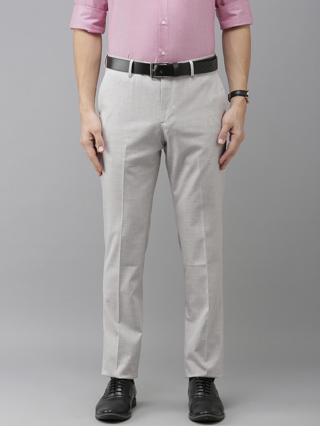 

Arrow Men Light Grey Solid Tailored Fit Pleated Smart Flex Formal Trousers
