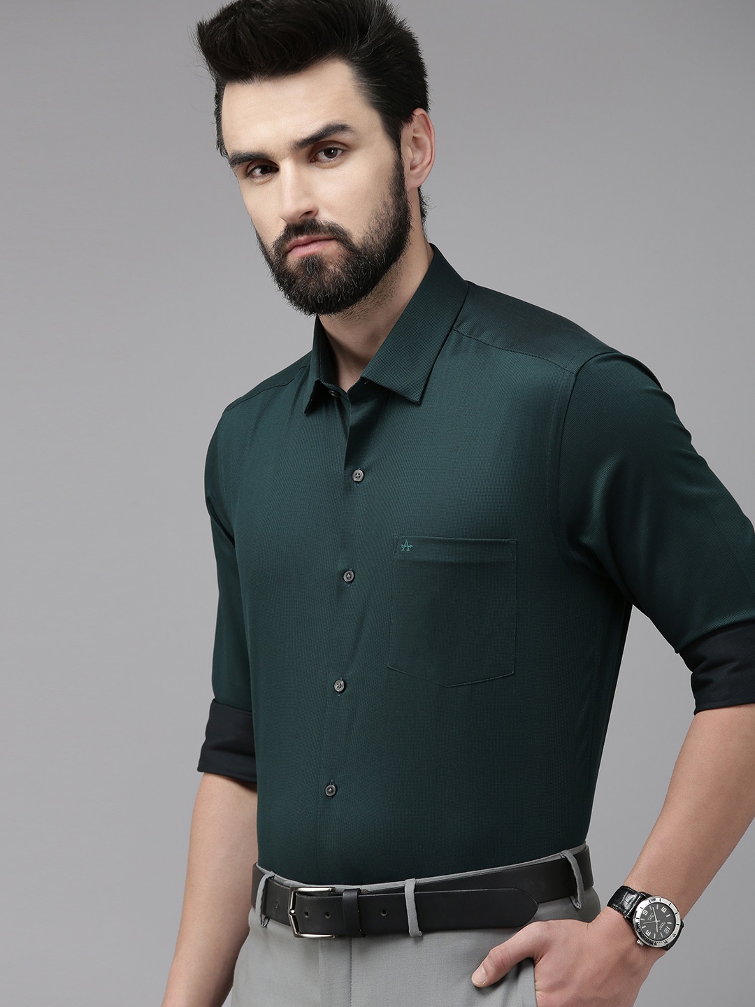 

Arrow Men Green Self Design Original Slim Fit Pure Cotton Formal Shirt