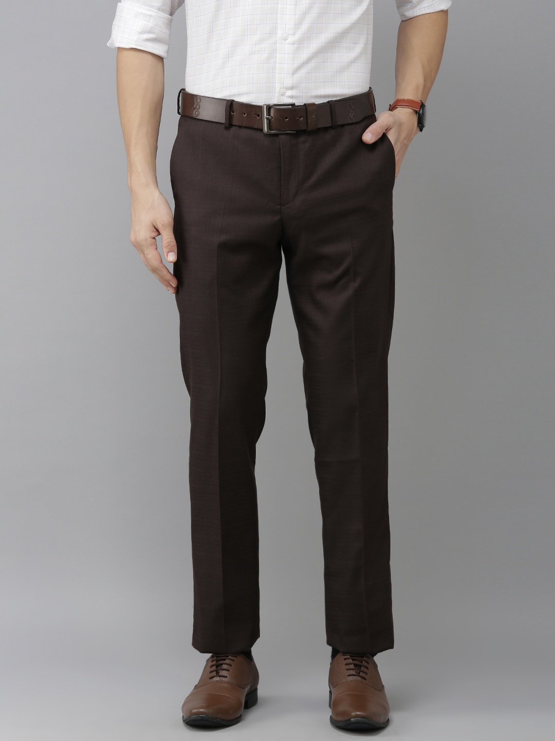 

Arrow Men Brown Checked Tailored Fit Pleated Smart Flex Formal Trousers