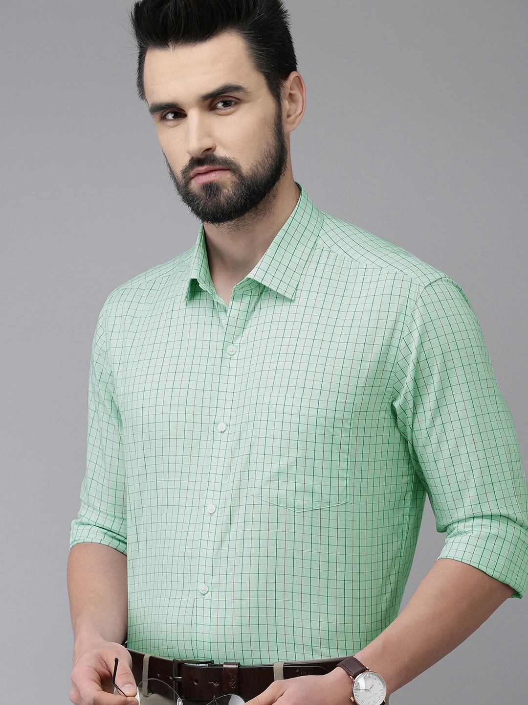 

Arrow Men Green Slim Fit Checked Pure Cotton Formal Shirt