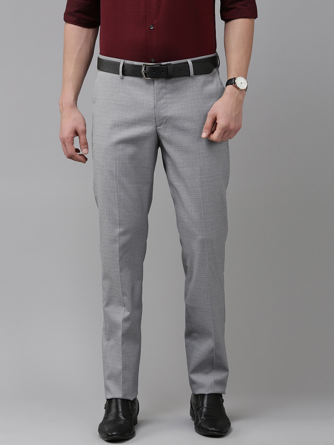 

Arrow Men Grey Checked Self Design Smart Fit Mid-Rise Plain Woven Formal Trousers