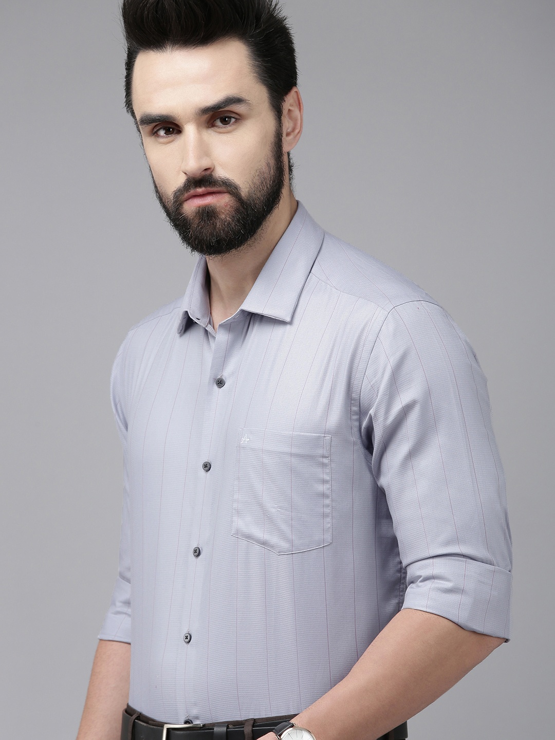

Arrow Men Grey Manhattan Slim Fit Pinstripes Opaque Pure Cotton Formal Shirt