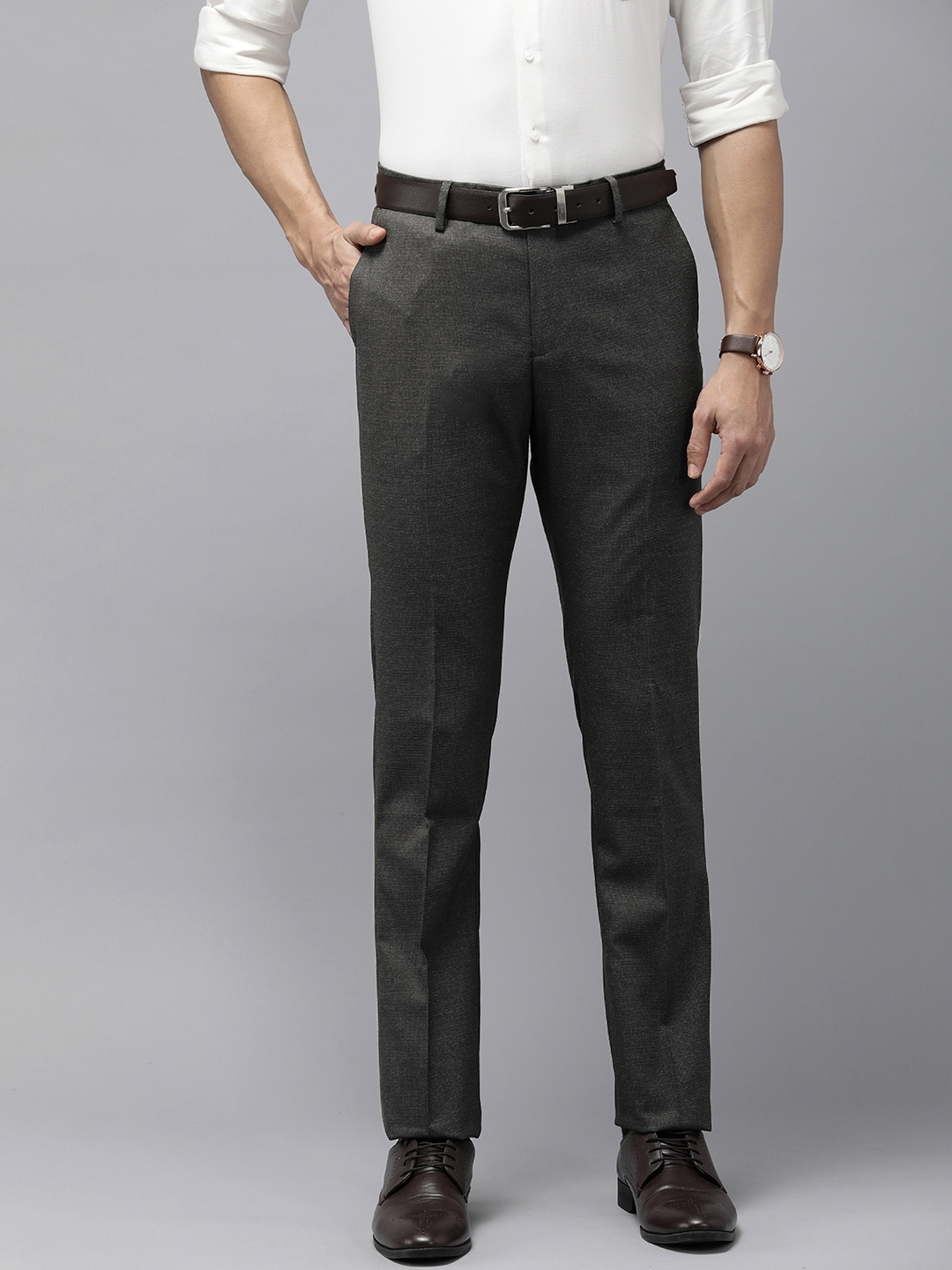 

Arrow Men Textured Tailored Fit Formal Trousers, Grey