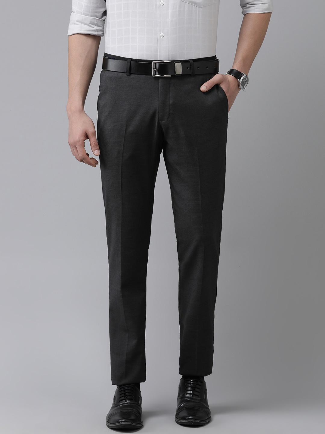 

Arrow Men Black Solid Self-Design Tailored Formal Trousers