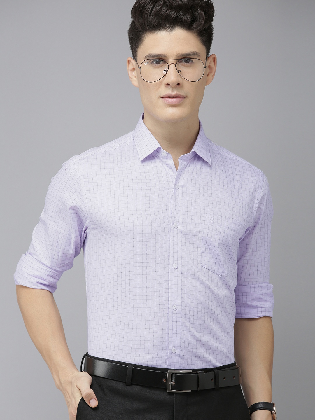 

Arrow Men Lavender And White Original Slim Fit Checked Pure Cotton Formal Shirt