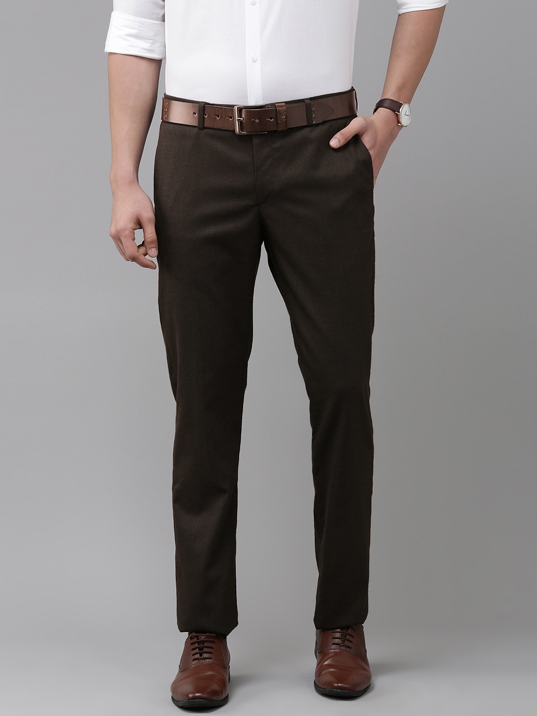 

Arrow Men Dark Brown Solid Smart Fit Mid-Rise Plain Woven Flat-Front Formal Trousers