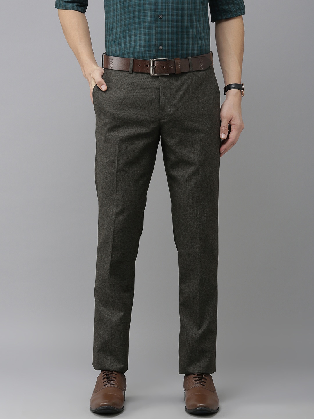 

Arrow Men Grey Textured Tailored Fit Pleated Formal Trousers