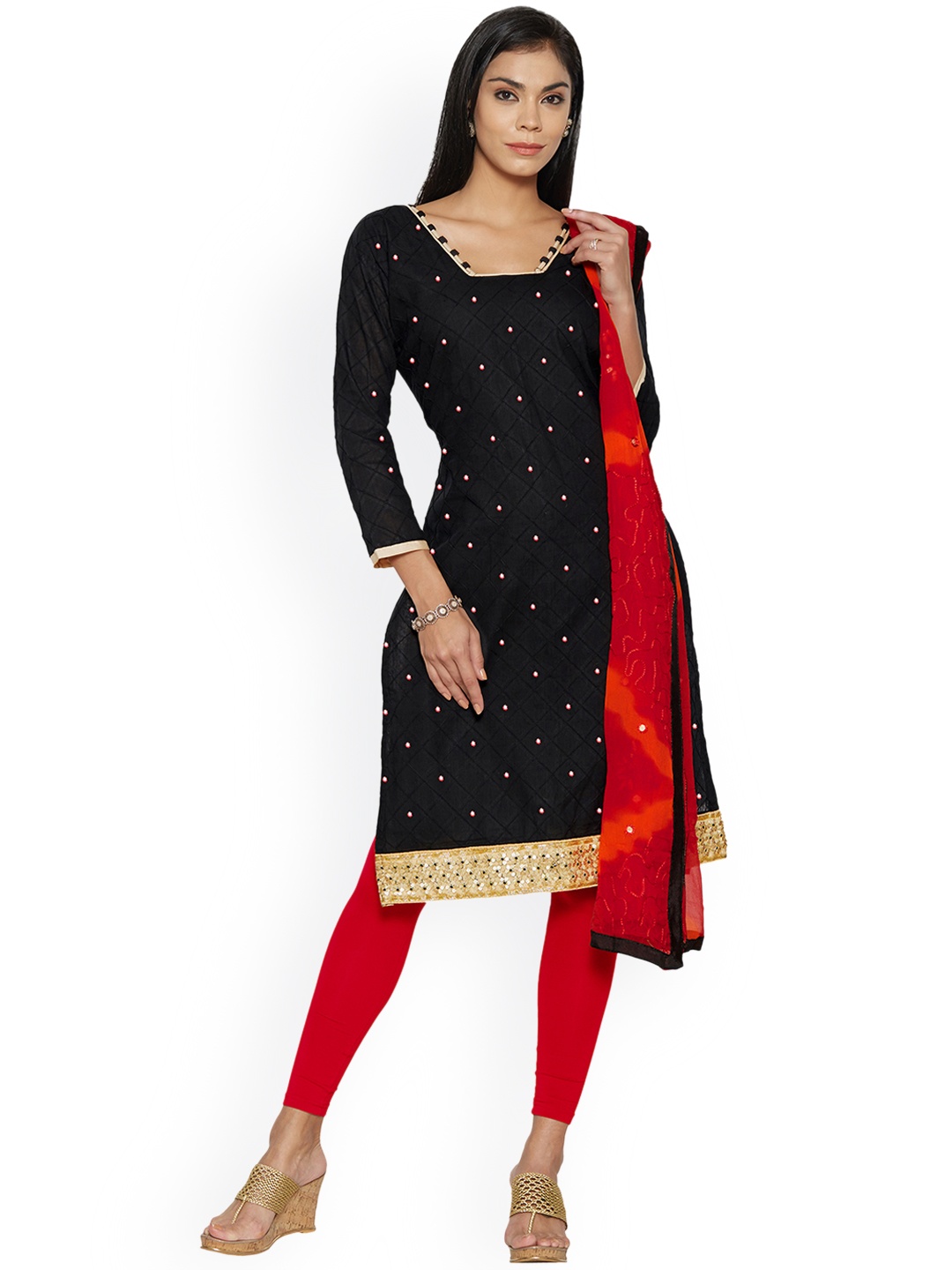 

Saree mall Black & Red Embroidered Cotton Blend Unstitched Dress Material