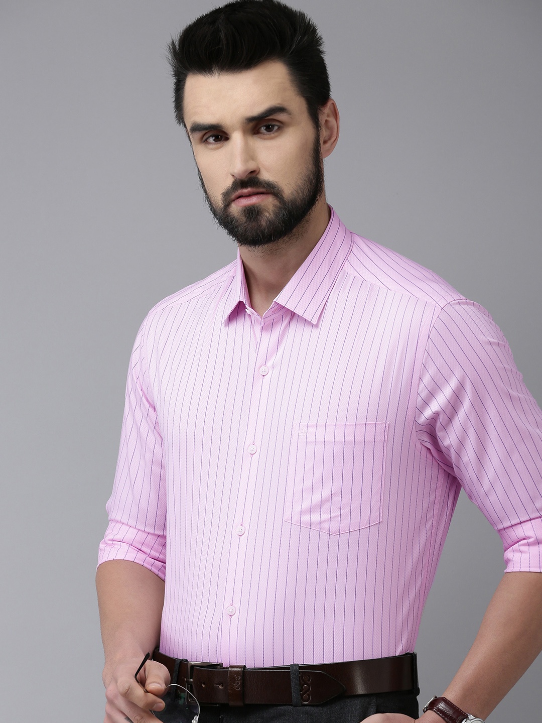 

Arrow Men Pink & Blue Manhattan Slim Fit Striped Pure Cotton Formal Shirt