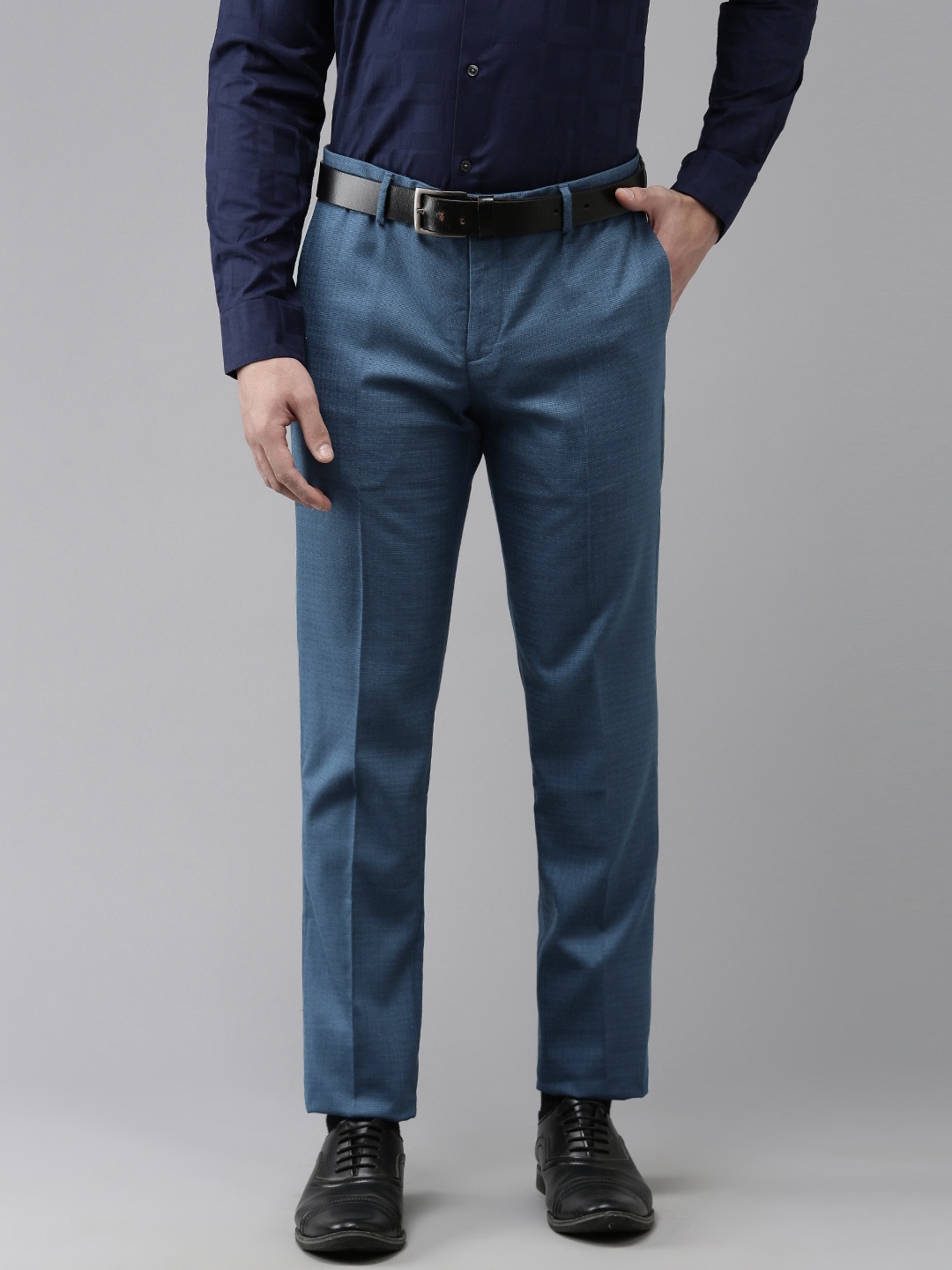 Arrow Men Self Design Textured Tailored Pleated Formal Trousers, Blue