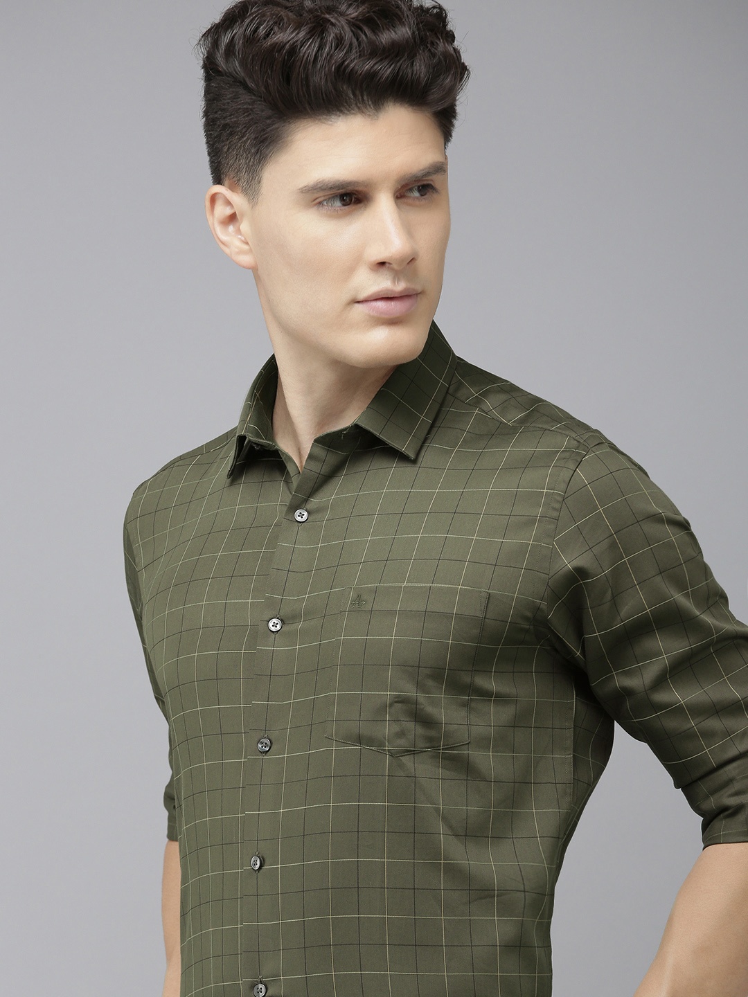 

Arrow Men Olive Green And White Original Slim Fit Checked Pure Cotton Formal Shirt